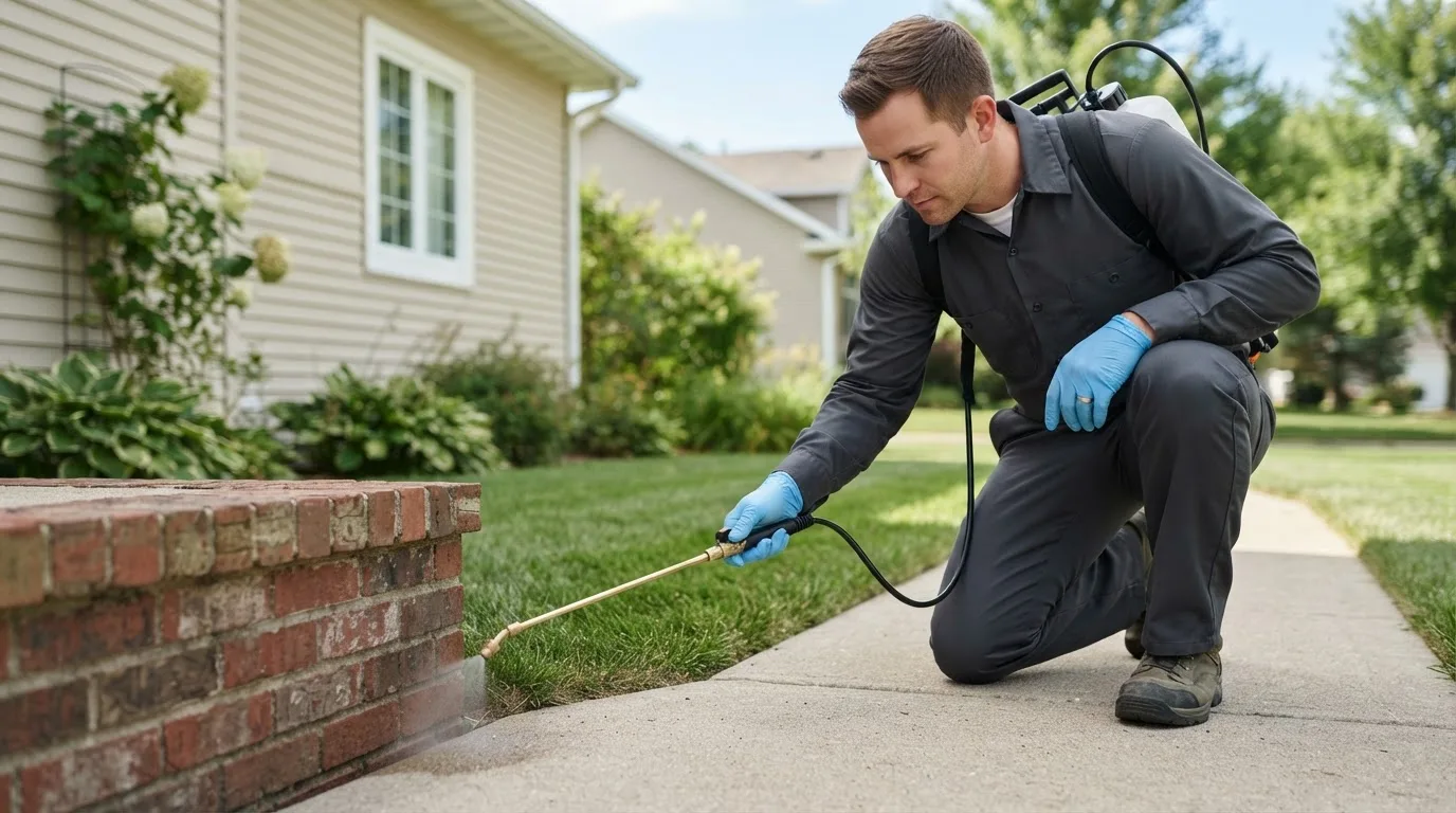 Pest control technician treating a home near Clarksville, MI