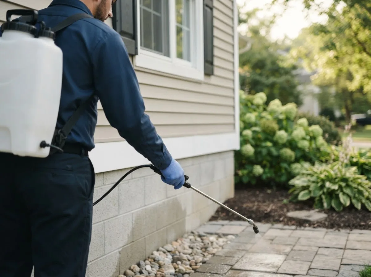 Pest control technician inspecting a home in Clarksville, MI